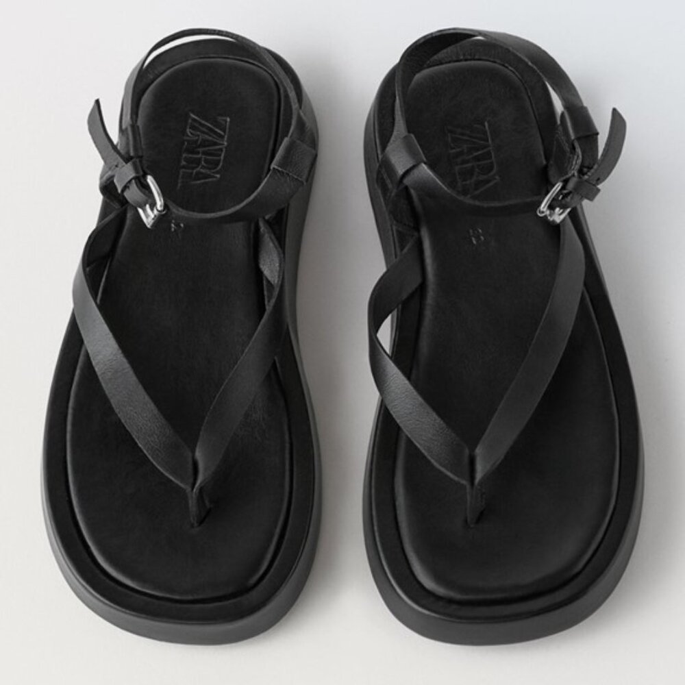 Zara Black Leather Thong Platform Sandals with Ankle Strap